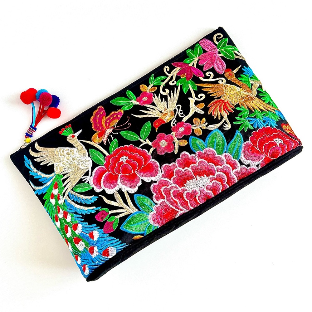 Large Colorful Birds and Florals Embroidered Pom Pom Bag (NWOT) - Picture 9 of 9